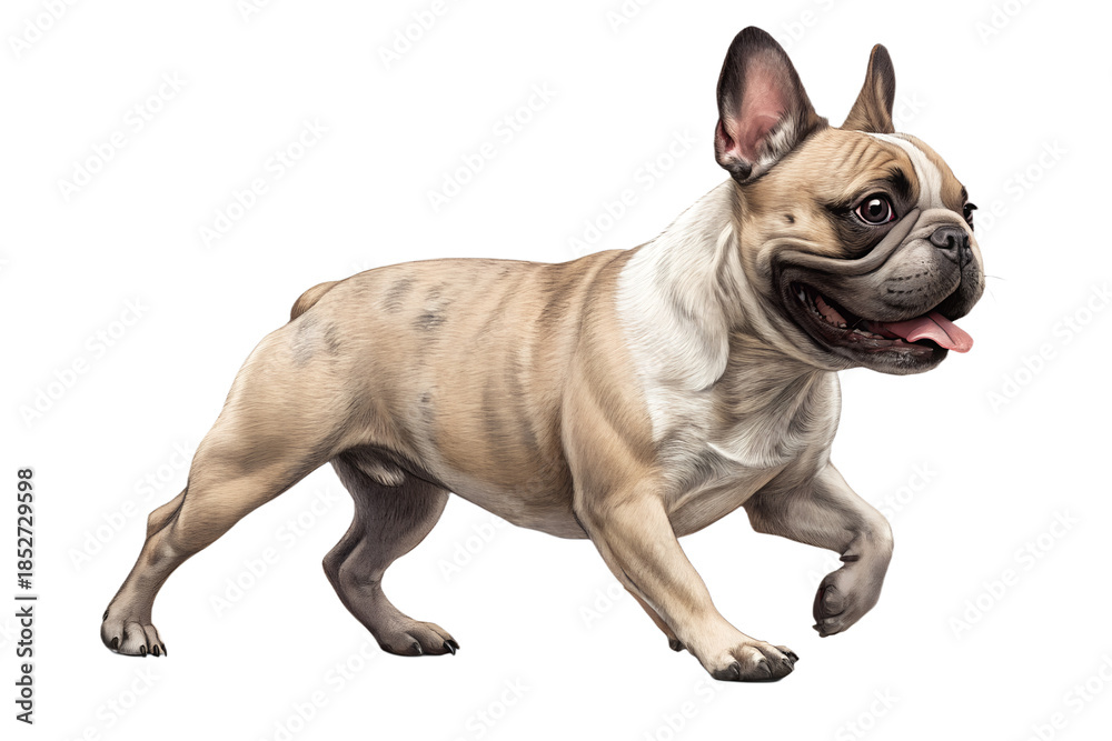 Fototapeta premium French bulldog walking forward in motion. Dynamic realistic dog pose isolated on transparent background, PNG.