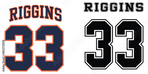Sport Jersey Number 33 Design, Two Color Options, Customizable Athletic Uniform Artwork, Team Sports Graphic, Numbered Jersey Illustration, Football, Basketball, Soccer or Baseball Design.