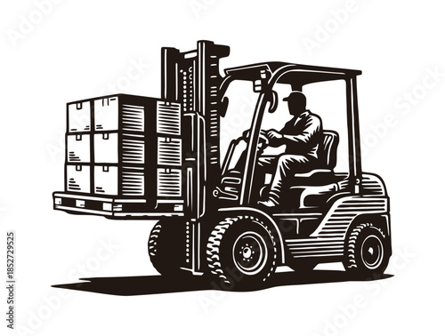 Industrial forklift driver moving a heavy pallet of cardboard boxes.