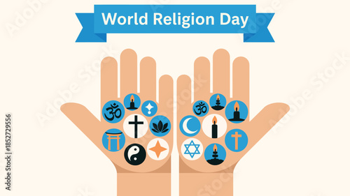  World religion day illustration with open hands holding symbols of major faiths representing interfaith unity peace spirituality diversity and global religious harmony in modern flat vector style
