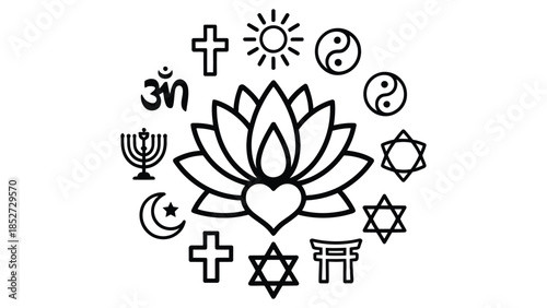  World religion symbols illustration with lotus flower surrounded by icons of major faiths representing spirituality peace interfaith harmony meditation and global religious diversity in clean vector 