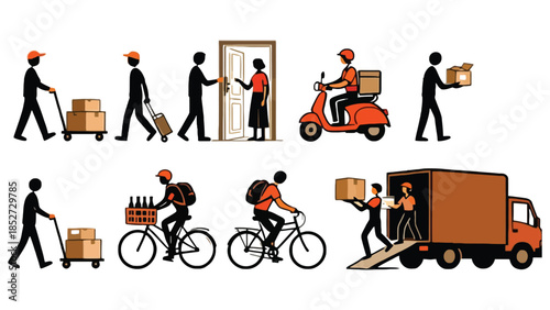 Delivery people are shown in various modes of transport and actions.
