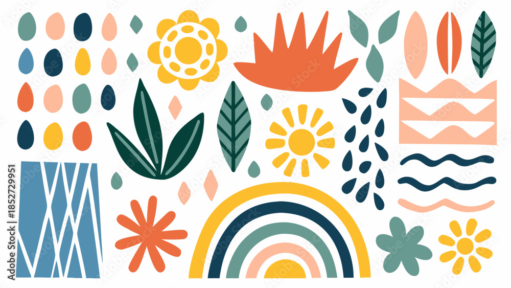 Obraz premium Colorful botanical illustration featuring stylized leaves flowers and abstract shapes
