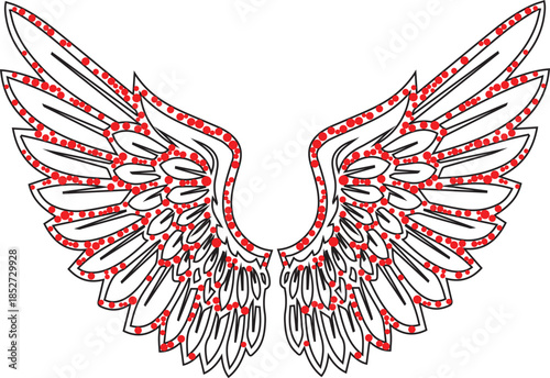 Angel Wings Illustration with Red Speckled Detail and Outlines