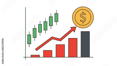 A financial chart shows a rising trend with a gold coin symbolizing profit.