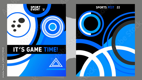 Abstract sports fest posters with vibrant blue and white circular designs