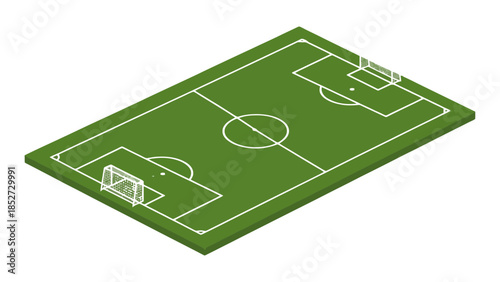 A green soccer field with white lines and goals is shown from an aerial perspective.