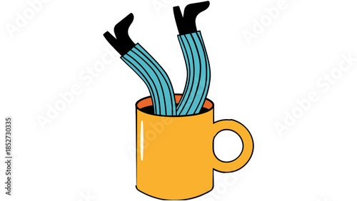 A person's legs are sticking out of a large coffee mug.