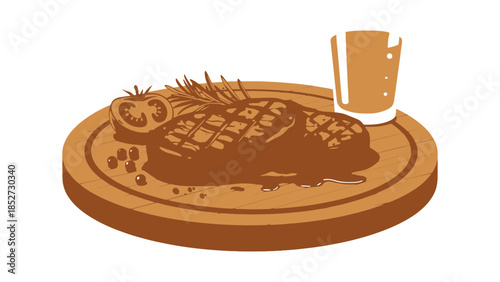 A grilled steak with herbs and a drink on a wooden plate.