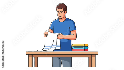 A man is folding a white towel with blue stripes on a wooden table.