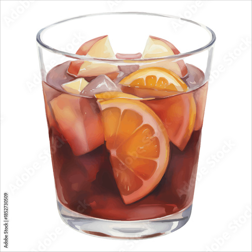 Sangria Glass Watercolor Cocktail Vector Isolated on White Background
