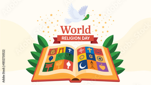   World religion day illustration with open holy book and symbols of major faiths representing interfaith harmony peace spirituality and global religious diversity in modern flat vector style