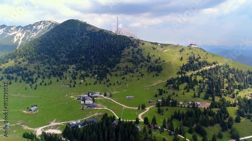 Aerial view of alpine pasture and mountain slopes on Krvavec, Slovenia