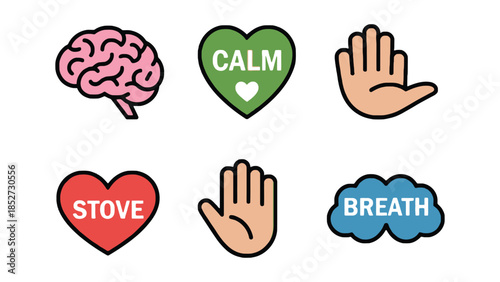 Icons representing mental well-being and self-care strategies.