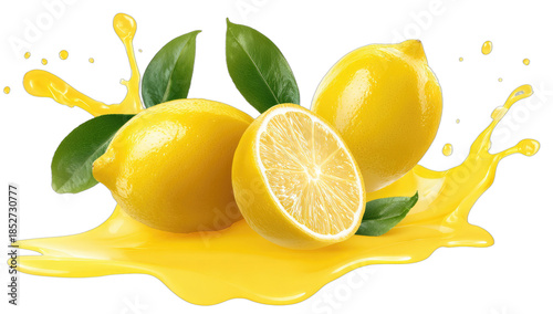 Fresh lemons bursting with juice and vibrant green leaves
