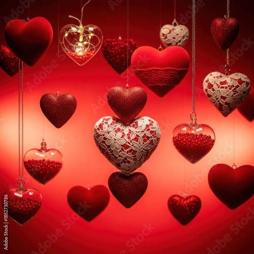 Valentine's Day decorations with hanging hearts in red and white