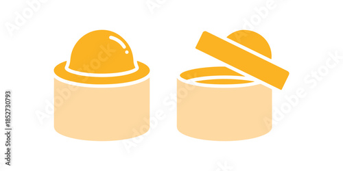Round Cake Hat Carton Package Graphic. Open and Closed Packaging Image. Parcel, Box Shipping Supplies Colorful Contour Illustration
