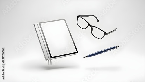 Floating silver metallic notebook with eyeglasses and blue pen on white background
