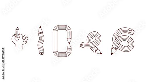 A hand holding a pencil and other pencils forming abstract shapes on a white background.