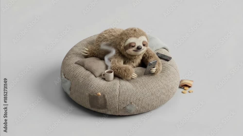 Animated sloth relaxes on a cushion, enjoying a hot drink and snack ...
