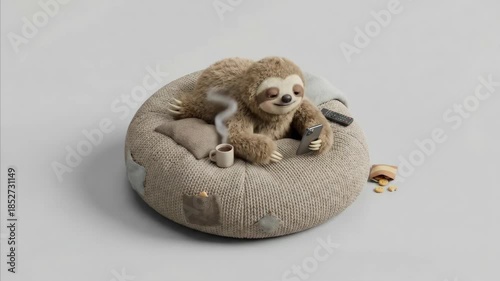 Animated sloth relaxes on a cushion, enjoying a hot drink and snack while looking at a cell phone in a looped video.
