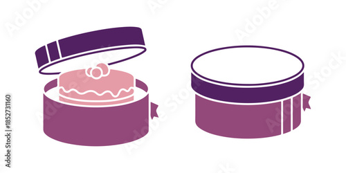 Cake Hat Round Carton Package Icon. Open and Closed Packaging Symbol. Parcel, Box Shipping Gear Colorful Outline Illustration

