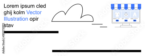 Cloud storage, e-commerce, digital shopping, internet services, technology trends, business tools. Cloud icon and online store webpage. Cloud storage and e-commerce concept