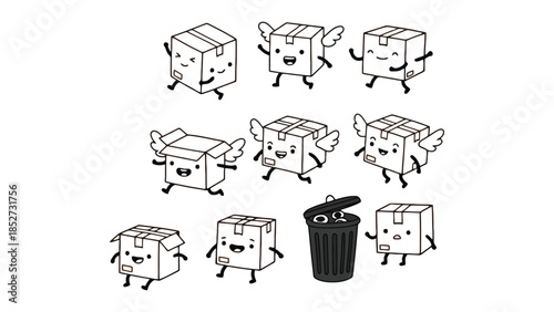 Cute cartoon boxes with wings and a trash can are depicted in a playful illustration.