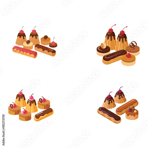 Vector Set of Gourmet Desserts Including Chocolate Eclairs and Cream Cakes Topped with Cherries