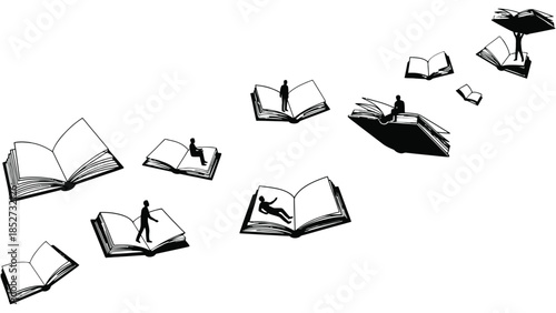 Small figures interact with open books that appear to float in space.