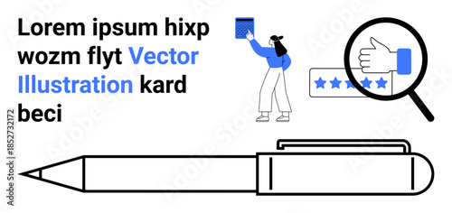 Customer experience, feedback analysis, writing tools, user reviews, digital evaluation, online rating systems. Pen, hand with thumbs-up and a magnifying glass on a star rating. Customer experience