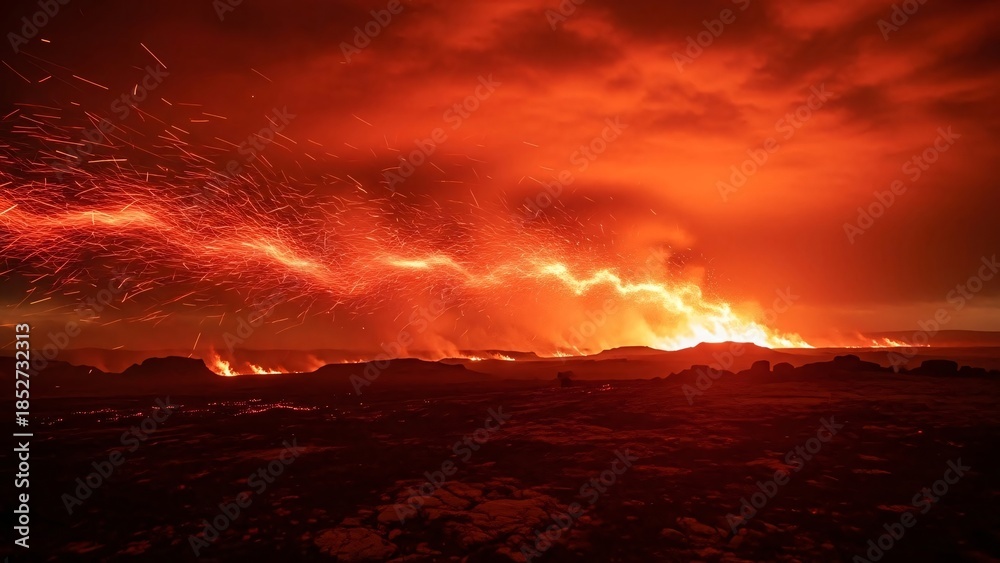 Fototapeta premium Dramatic Volcanic Landscape with Glowing Lava Clouds