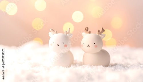 Dos renos blancos decorativos sobre fondo pastel con luces bokeh suaves, escena navideña infantil y minimalista