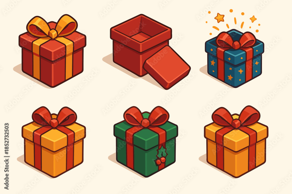 Fototapeta premium Colorful gift boxes with bows and festive patterns