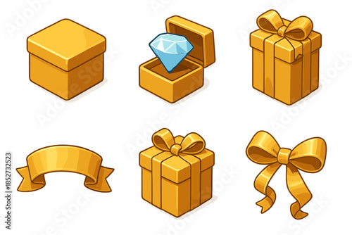 Collection of gift boxes and diamond in opened box with bows and ribbons