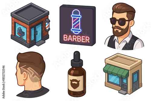 Barber shop icons with male haircut designs and grooming products