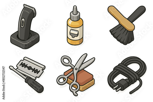 Barber tools collection: clippers, razor, scissors, brush, cord, oil