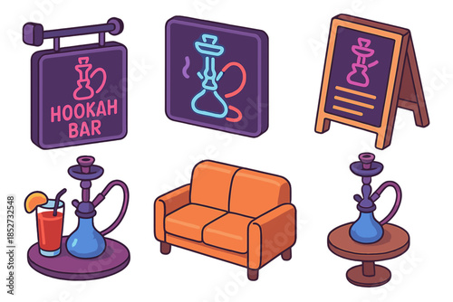 Hookah bar icons: lounge signage, hookah, drink, sofa, a-frame illustration