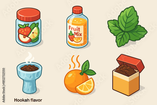 Set of hookah flavors and ingredients with fruit mix and mint leaves