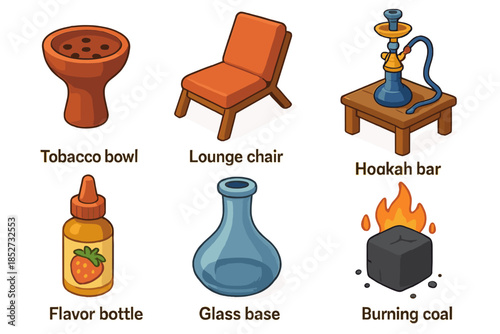 Hookah setup with accessories and lounge chair illustrations