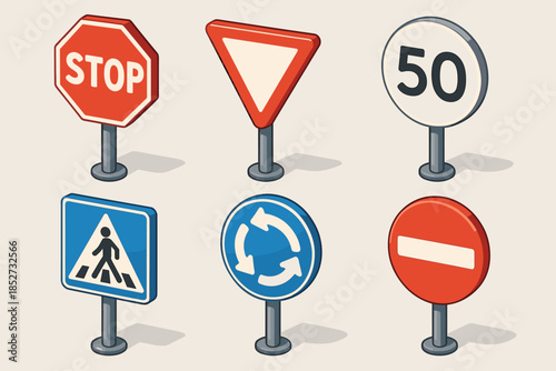 Collection of isometric traffic signs: stop, yield, speed limit 50, pedestrian, roundabout, no entry