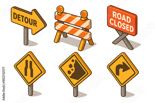 Collection of isometric road signs including detour and road closed indicators
