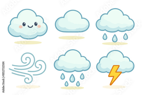 Cute weather clouds with various conditions including wind, rain, and lightning
