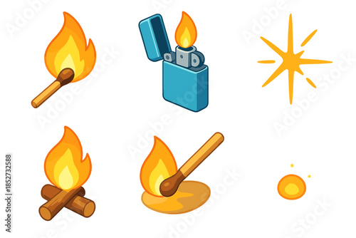 Collection of fire illustrations: matchsticks, lighter, campfire, and sparks on white background
