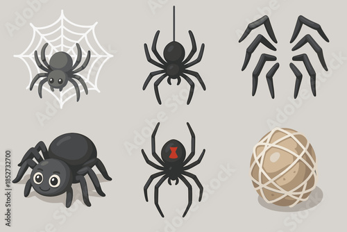 Illustrated black spiders with webs and egg sac collection