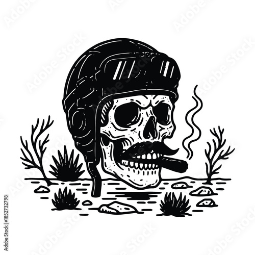 Moustached Skeleton Biker Head Wearing Vintage Helmet and Smoking Cigar Illustration.