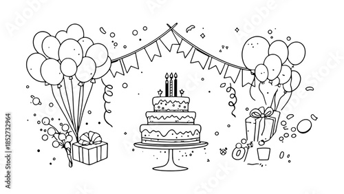 A festive birthday scene with a tiered cake, balloons, gifts, and confetti.