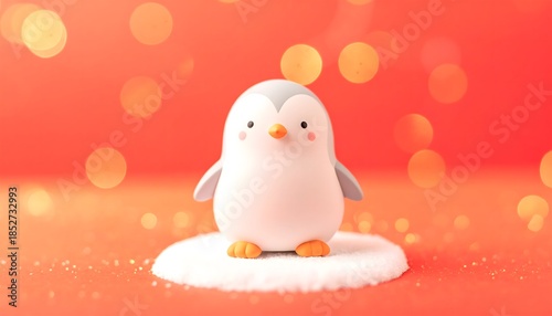 Pingüino de juguete blanco sobre fondo rojo con luces bokeh suaves, escena infantil invernal tierna y minimalista