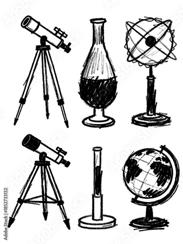 Black and white sketch illustration of science tools, observation telescope, chemistry test tubes, world globe, and orbital atom model