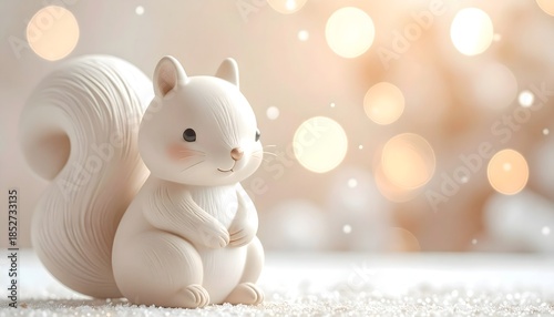 Ardilla de juguete blanca sobre fondo claro con luces bokeh suaves, escena infantil tierna y minimalista